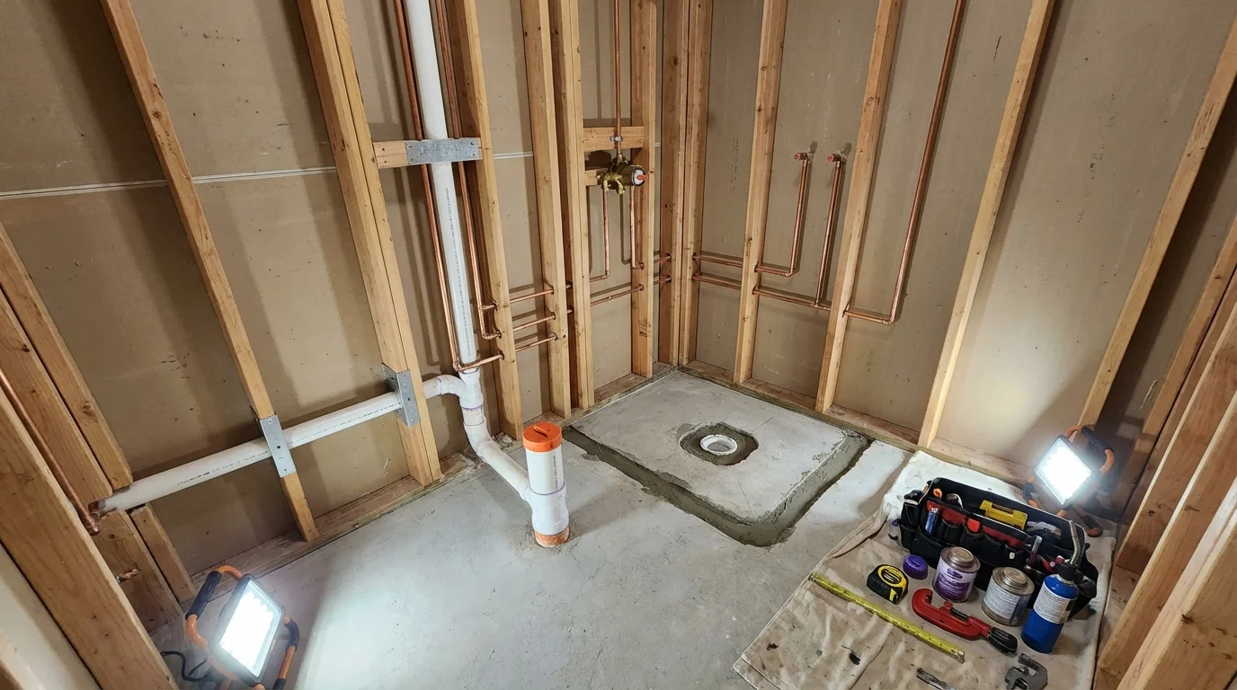 Bathroom rough-in plumbing during remodel by Johns Plumbing LLC in Sheffield