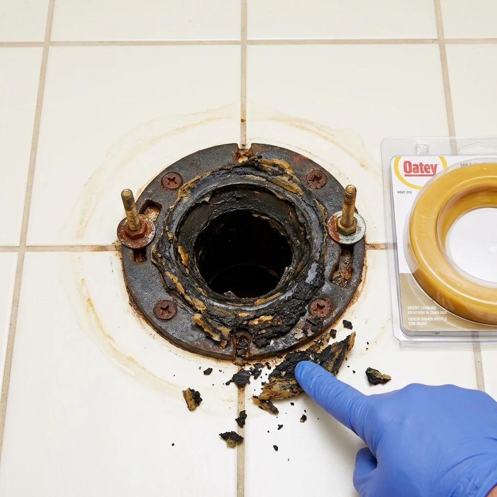 Failed wax ring showing water seepage at the base of a toilet in a Sheffield, MA home