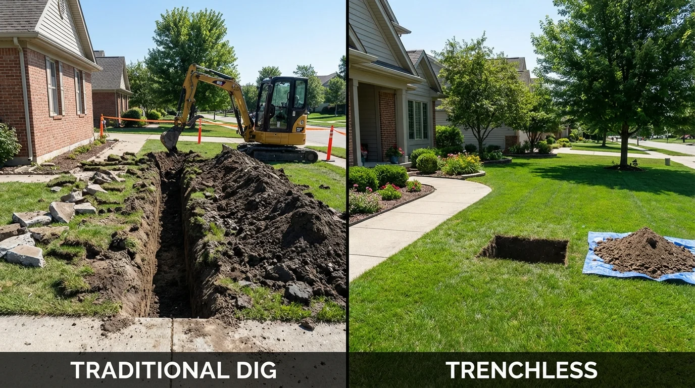 Trenchless sewer repair with minimal yard damage versus traditional excavation in Sheffield, MA