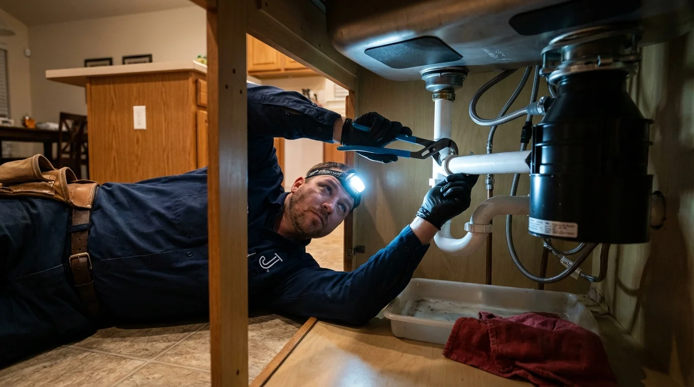 P-trap and supply line connections under a kitchen sink showing a common leak point in Sheffield, MA